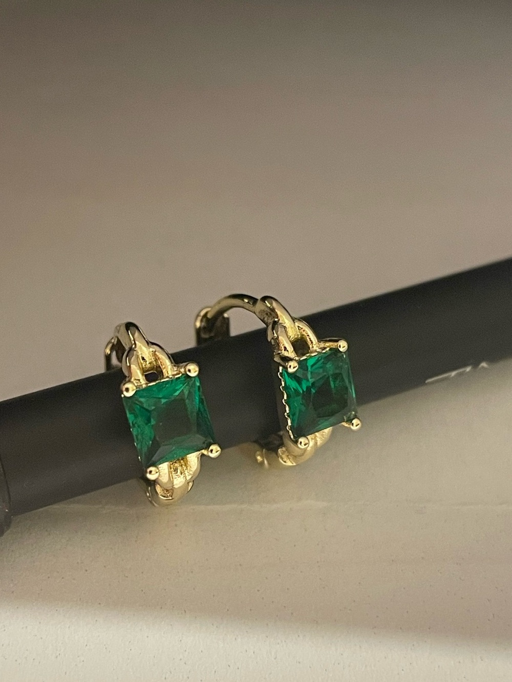 Gold Hoop Earrings with Square Emerald Green Stones